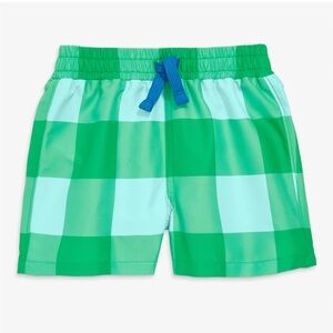 Primary swim trunk in green gingham print, size 6-7